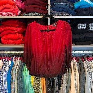 Sara Michelle red ombré 3/4 semi sheer sleeve elastic waistband blouse size SP